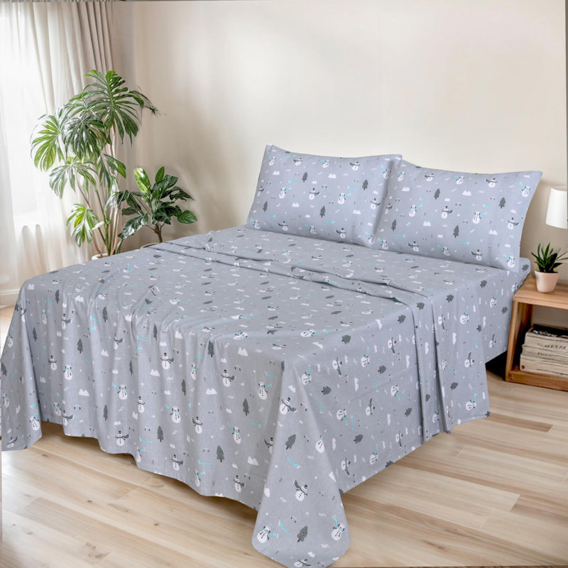 Ensemble de draps en flanelle 100% coton, 4 pièces, draps d'automne chauds et douillets de 16 po, Bonhomme de neige / floral