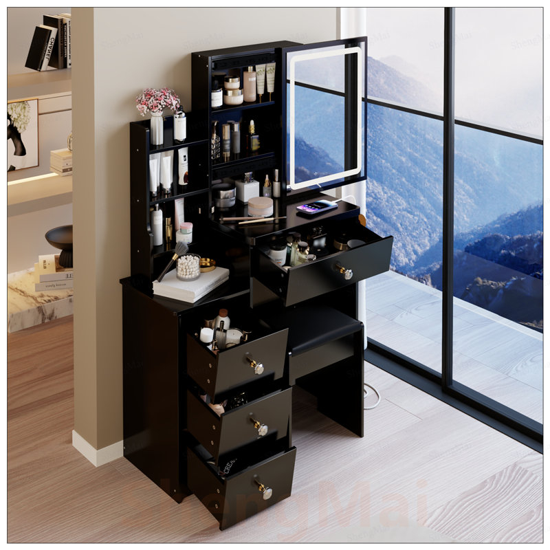 Table de meuble-lavabo compacte avec tabouret rembourré, miroir à DEL et centrale électrique, idéale pour les petits espaces et une utilisation multifonctionnelle.