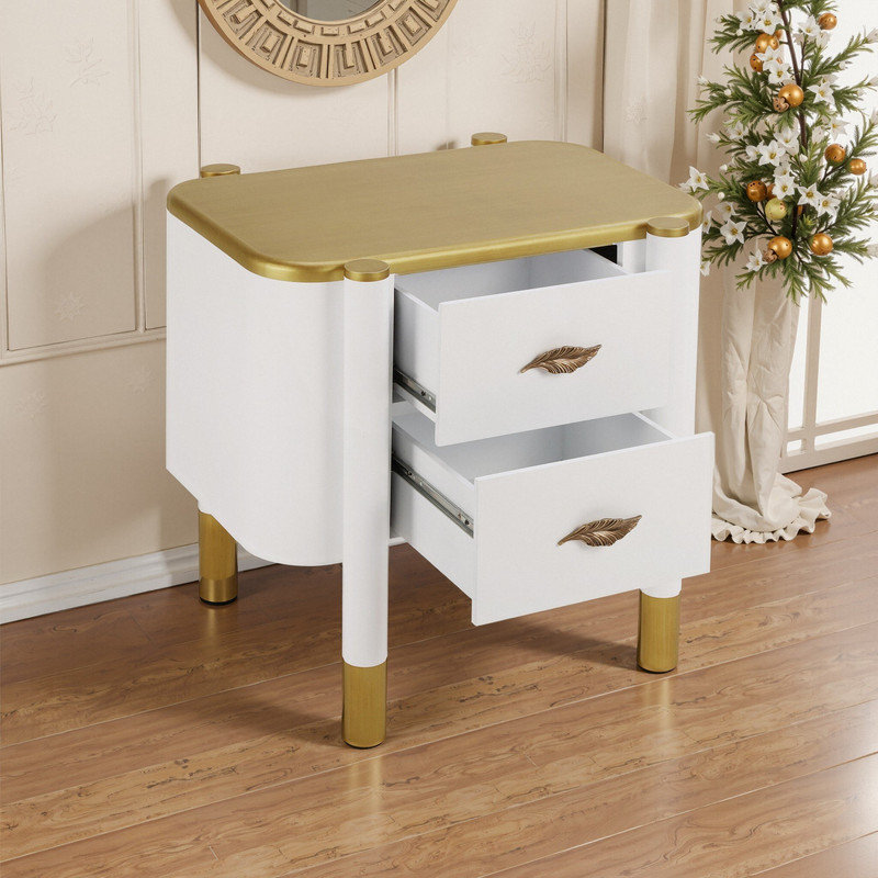 Table de chevet en bois avec 2 tiroirs et poignées en plumes Achilles, Blanc