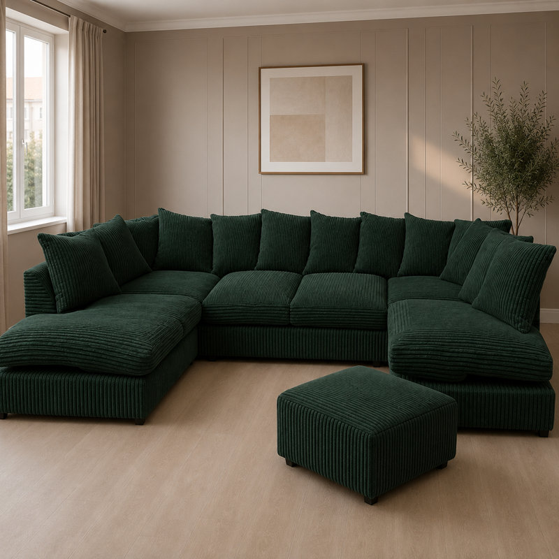 5 Seater Corduroy Corner Sofa , Forest Green