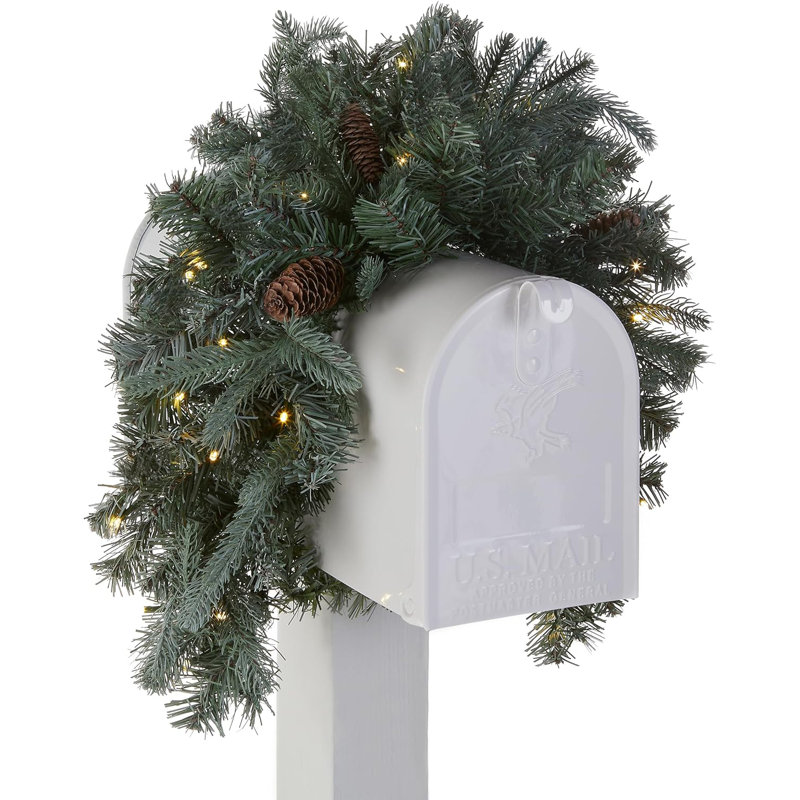 The Holiday Aisle® 36 in. Frosted Arctic Spruce Mailbox Swag with LED Lights