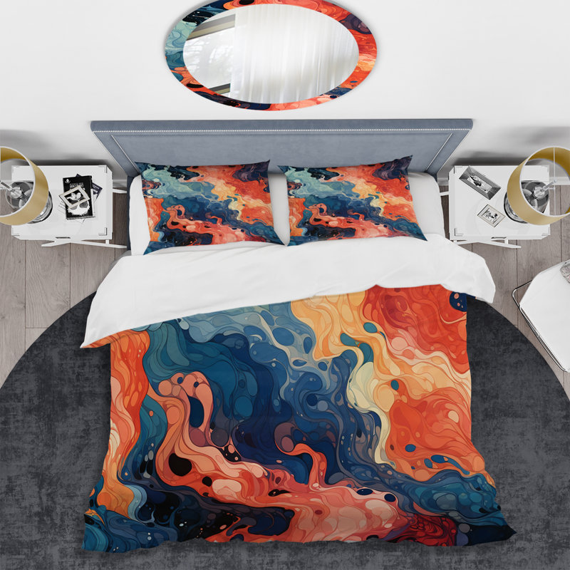 Ensemble de housse de couette à encre liquide bleue et orange, Housse de couette pour grand lit et 2 taies décor