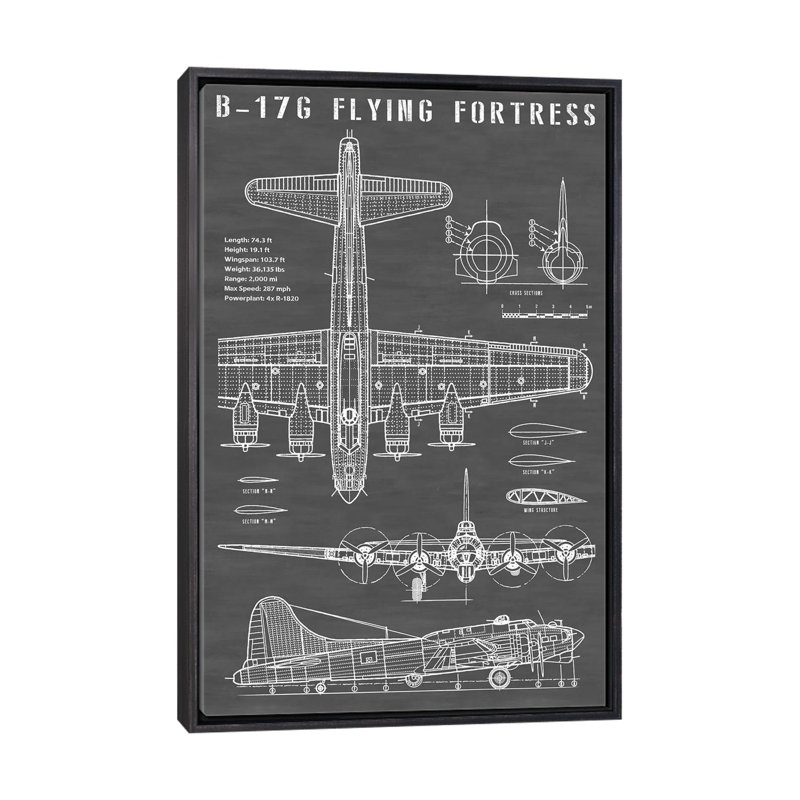 Avion Bombardier rétro B-17 | Noir-imprimé de dessin, Pas de tapis, Toile avec cadre noir patiné, H 26 po x l 18 po x 1,5 po