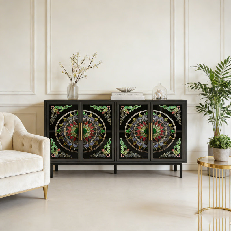 Armoire décorative à quatre portes avec verre peint et cadre en métal pour des solutions de rangement élégantes dans plusieurs pièces.