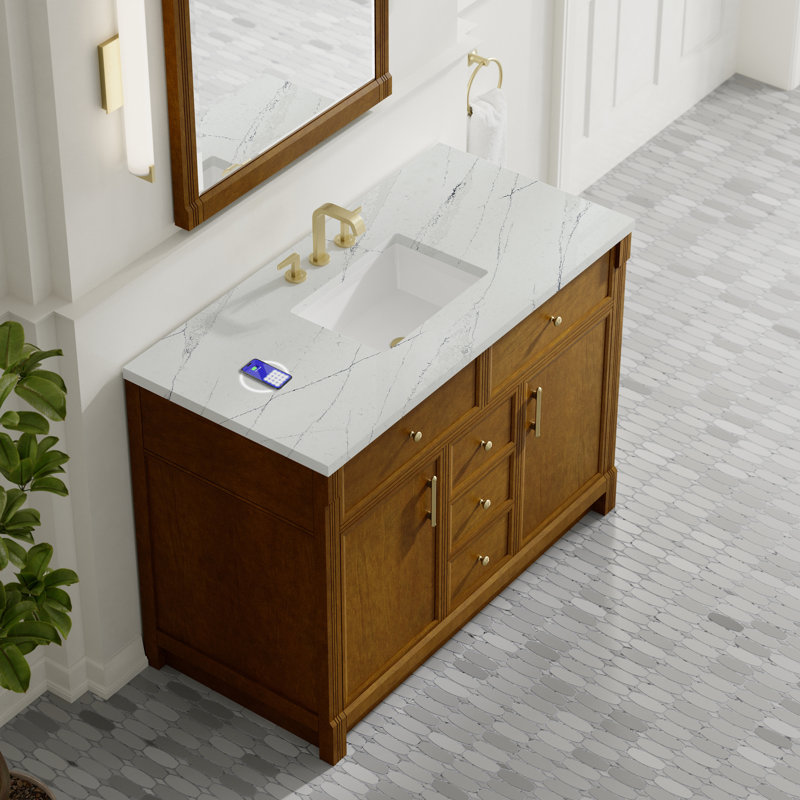 Bellshire 48" W Single Vanity w/FreePower Wireless Charger, Ethereal Noctis Silestone, Honey Oak