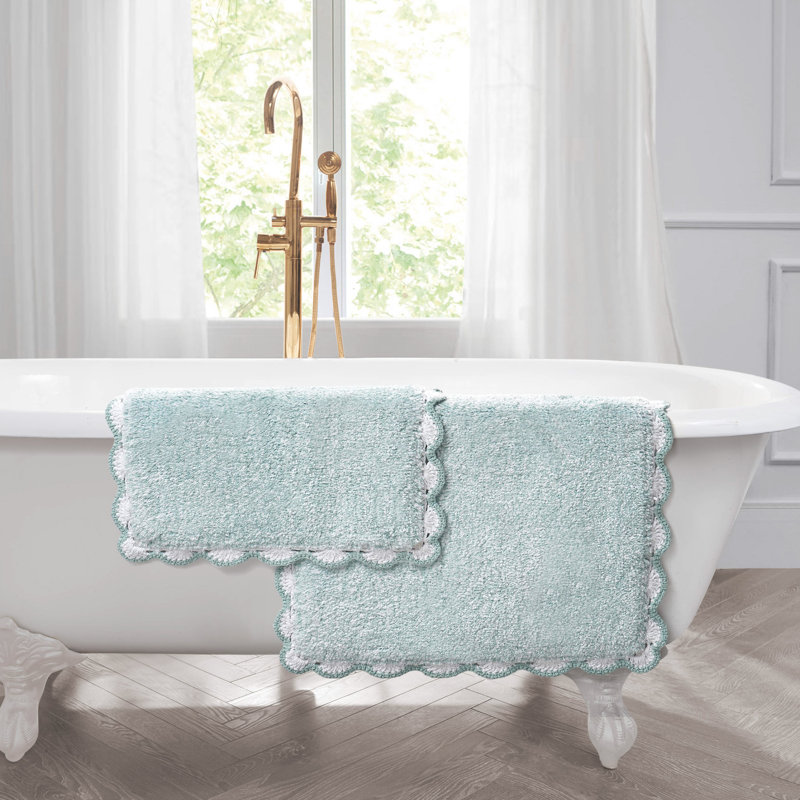 Laura Ashley Heathered Crochet Border Bath Rug, Set of 2 - 32" L x 20" W / 24" L x 17" W, Aqua