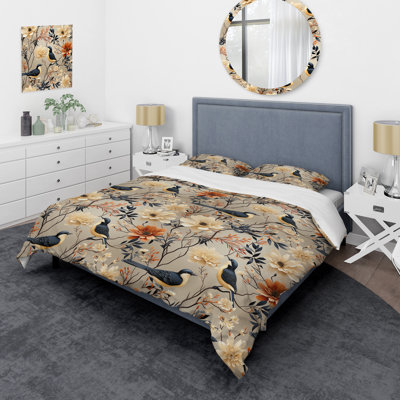 Ensemble de housse de couette à motif floral beige avec oiseaux sur une branche