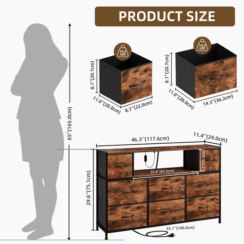 Meuble télé Eunos pour téléviseur 65 po avec 8 tiroirs, DEL et prises de courant pour chambre à coucher, salon, imprimé grain de bois