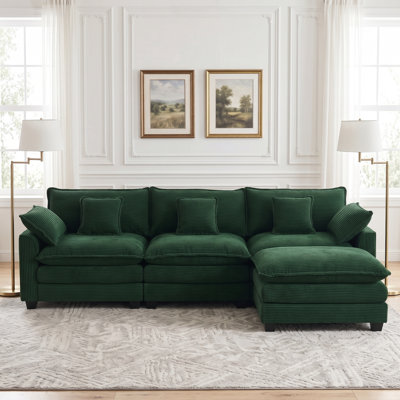 Modular Sectional Sofa, Comfy Cloud Couch With Movable Ottoman, 3-Seat Corduroy Sofa Sleeper With Double Cushions, Deep Seat Sofa With 5 Pillows For Living Room(3 Seater With 1 Ottoman)