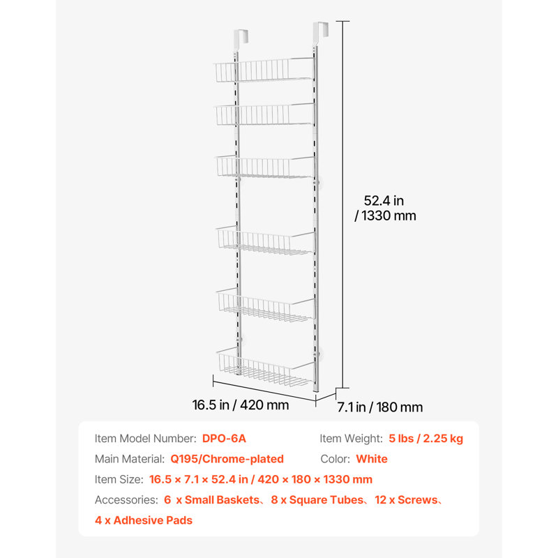 6-Tier Over the Door Pantry Organizer Hanging Storage Rack Adjustable Kitchen, White
