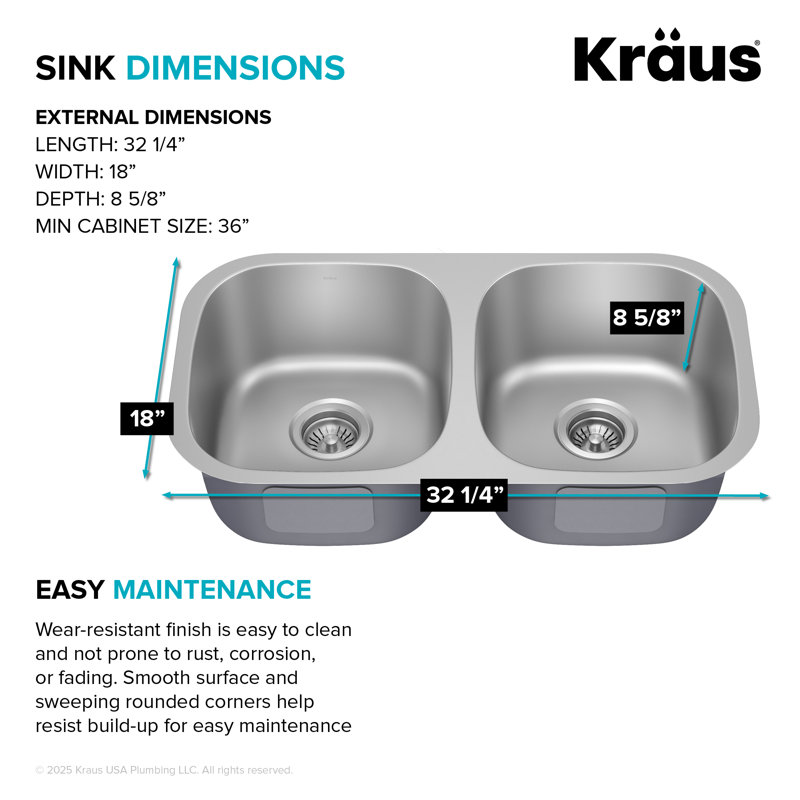 Kraus Premier Undermount Kitchen Sink with Waste Guard™ Garbage Disposal, 32" L x 20" W x 8.75" D, Double Bowl
