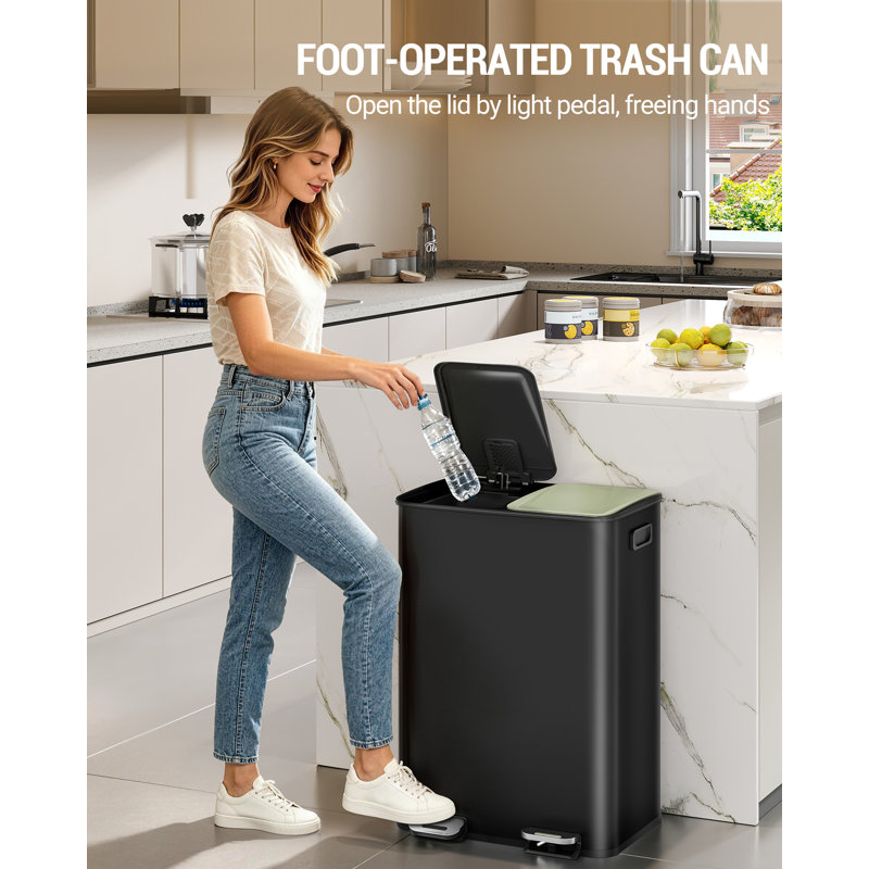 Kitchen Bin, 2×15 L/2×30 L/3×18 L Pedal Bin for Recycling and Waste, Colored Soft-Close Lid, Stainless Steel Bins with Removable Inner Buckets, Includes 15 Trash Bags