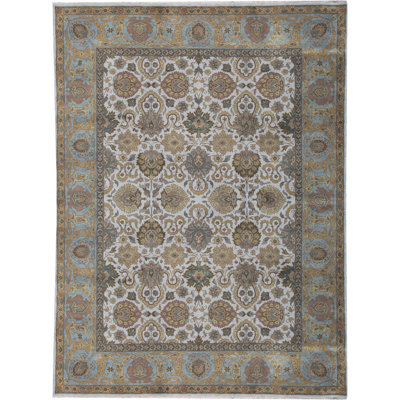 Tapis crème et bleu noué à la main de haute qualité