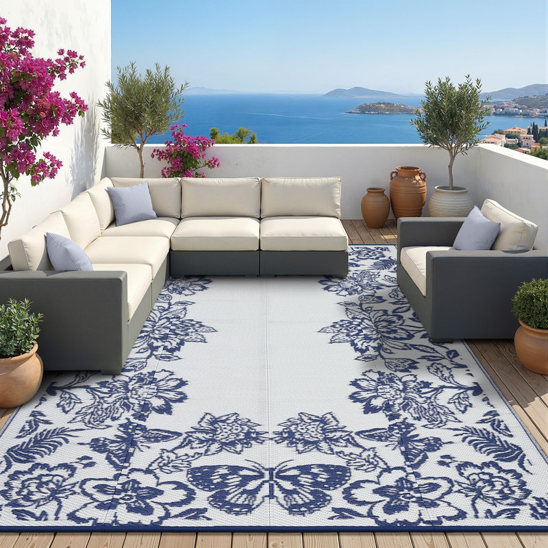 Waterproof Outdoor Rug with Plastic Border - Reversible Deck Mat, UV Resistant, Stain Resistant, Easy to Clean Camping Carpet for Backyard