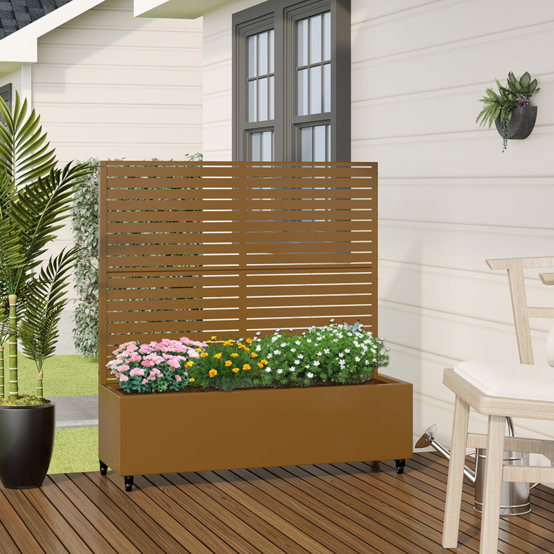 Boîte à fleurs d'extérieur individuelle en métal rectangulaire avec treillis pour plantes grimpantes, Brun