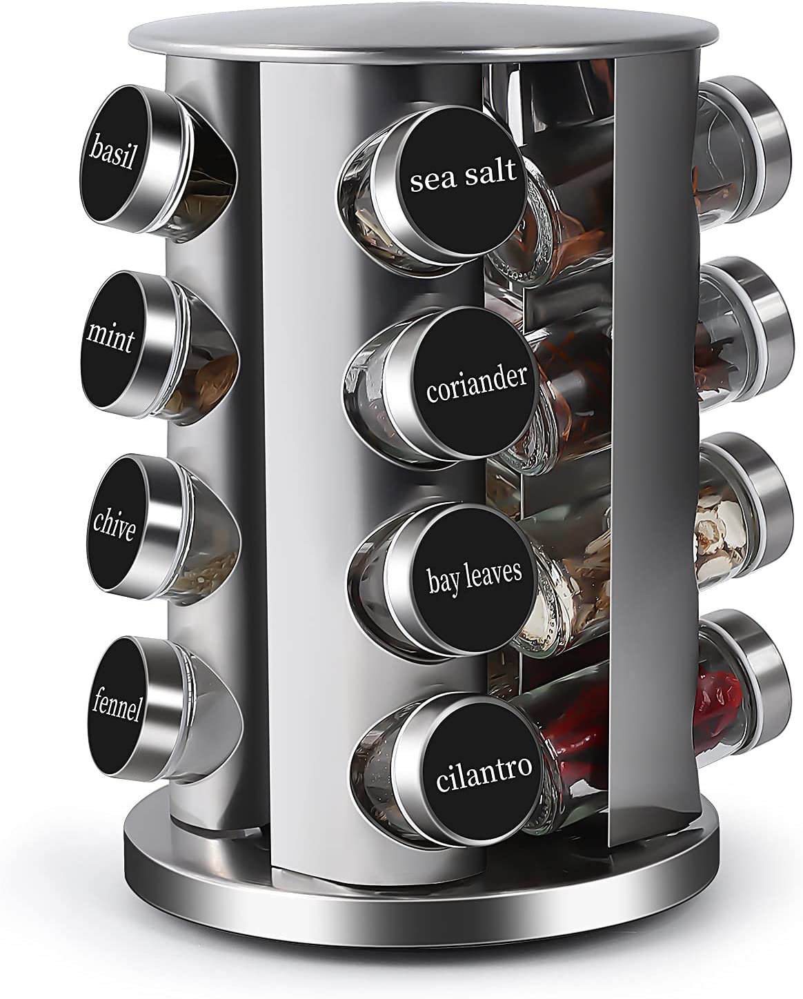 Rotating Spice Rack with 20 Blank Glass Jars Set - Stainless Steel Standing Seasoning Spice Jar Storage Organizer for Kitchen Countertop (Silver)