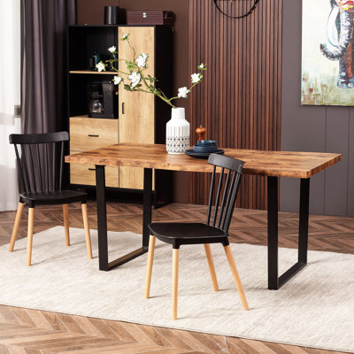 Millwood Pines 63" Dining Table, Industrial Kitchen Table With Wave-Edged Tabletop And Steel Legs For Up To 6 People, Rustic Brown