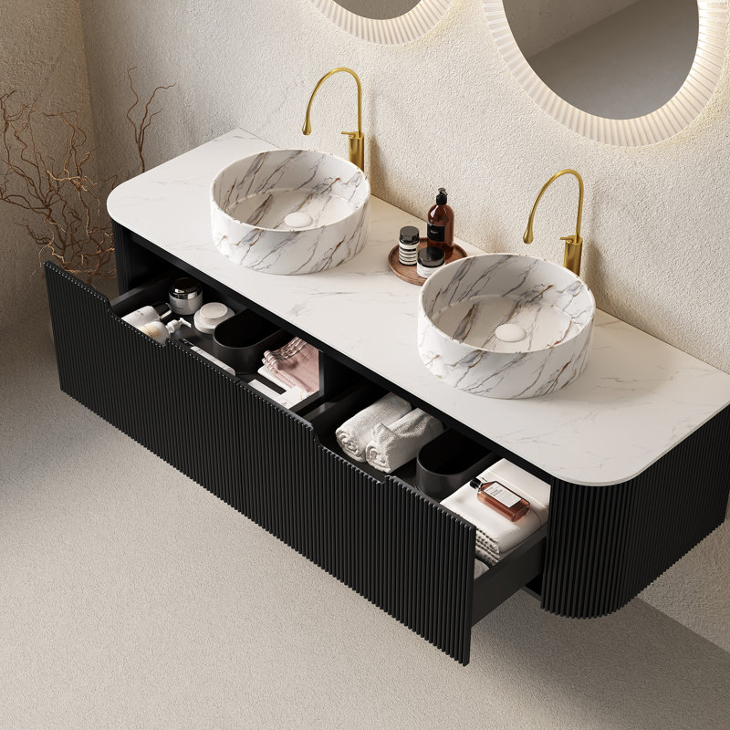 Meuble-lavabo de salle de bain 36 po avec lavabo, meuble de rangement mural à bordures courbées et flottantes avec tiroir et lavabo en céramique blanc à motif de pierre
