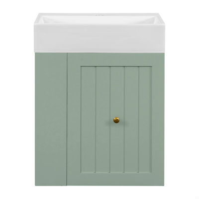 Meuble-lavabo de 20 po avec lavabo en céramique, poignée dorée et tablettes de rangement latérales