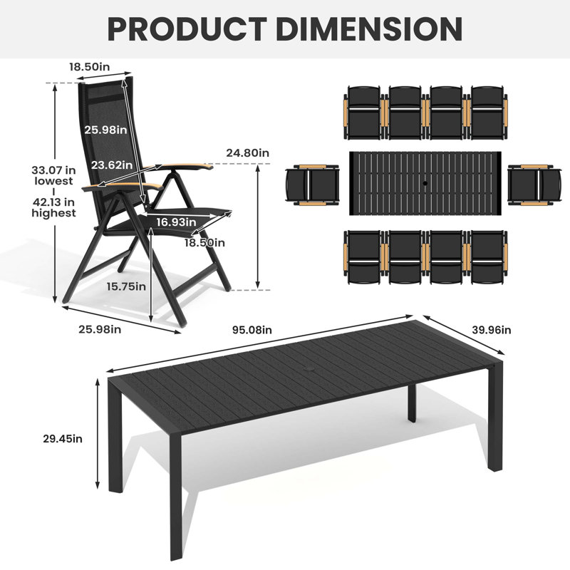 10 - Person  94.5’’ L Aluminum Patio Dining Set With Adjustable Folding Chairs And Umbrella Hole, Black, 10