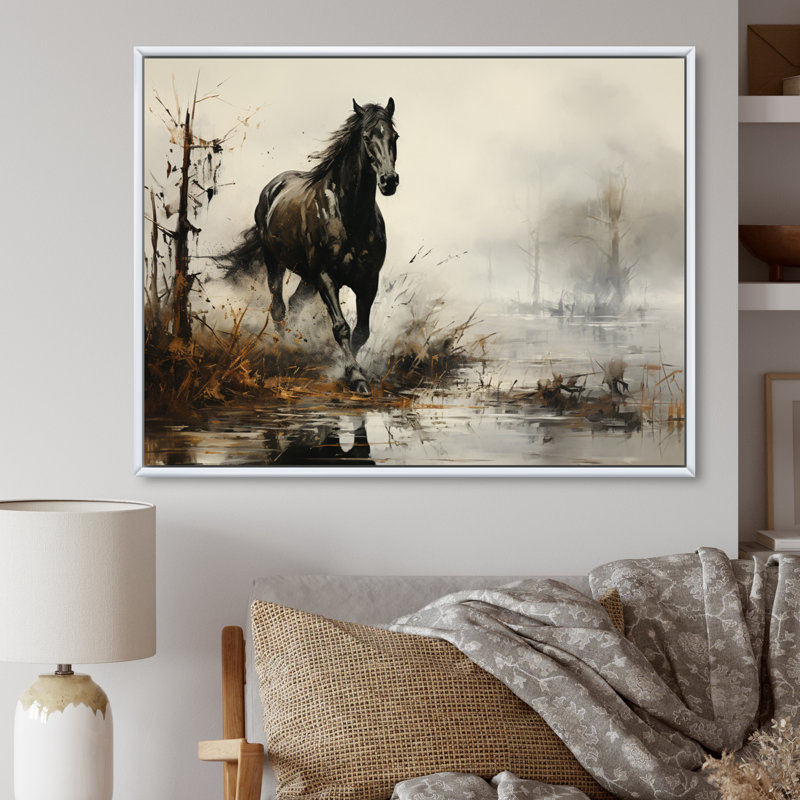 «Grey Horse Misty Morning Canter II», art mural cheval, H 30 po x l 40 po x P 1,5 po, Cadre flottant blanc