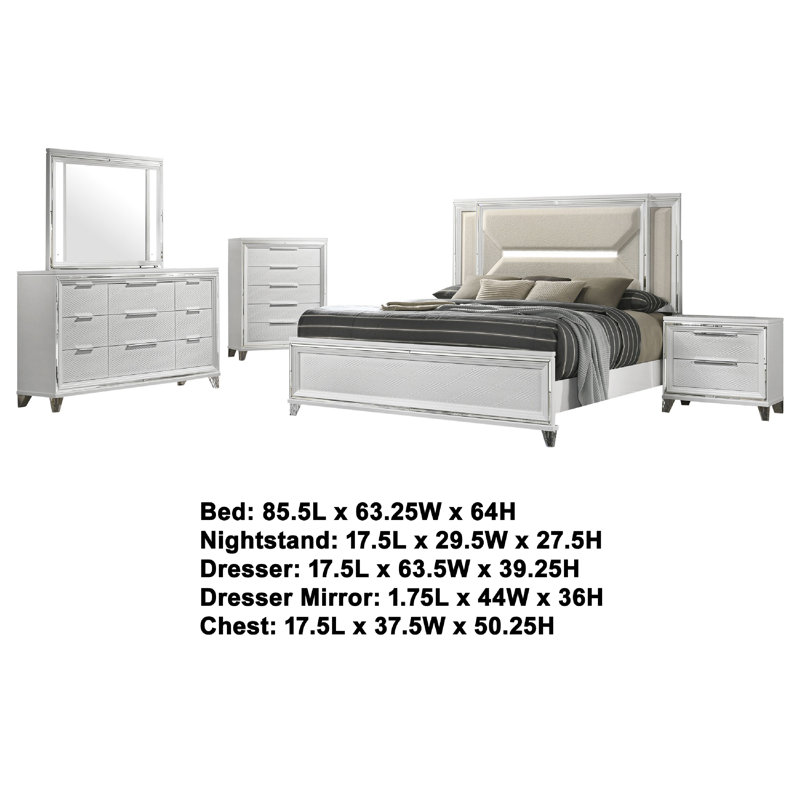 Ensemble de chambre à coucher grand lit 5 pièces Mory, motif graphique à chevrons, DEL, blanc, Grand lit
