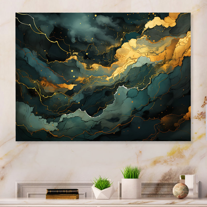 Décoration murale dorée et verte abstraite Aura III - marbre, H 16 po x l 32 po x P 1 po