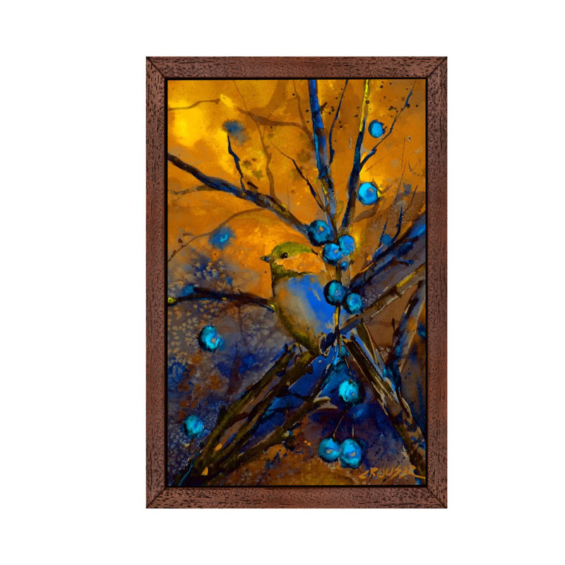 Bird & Berries by Dean Crouser - Floater Frame Painting on Canvas, Brown