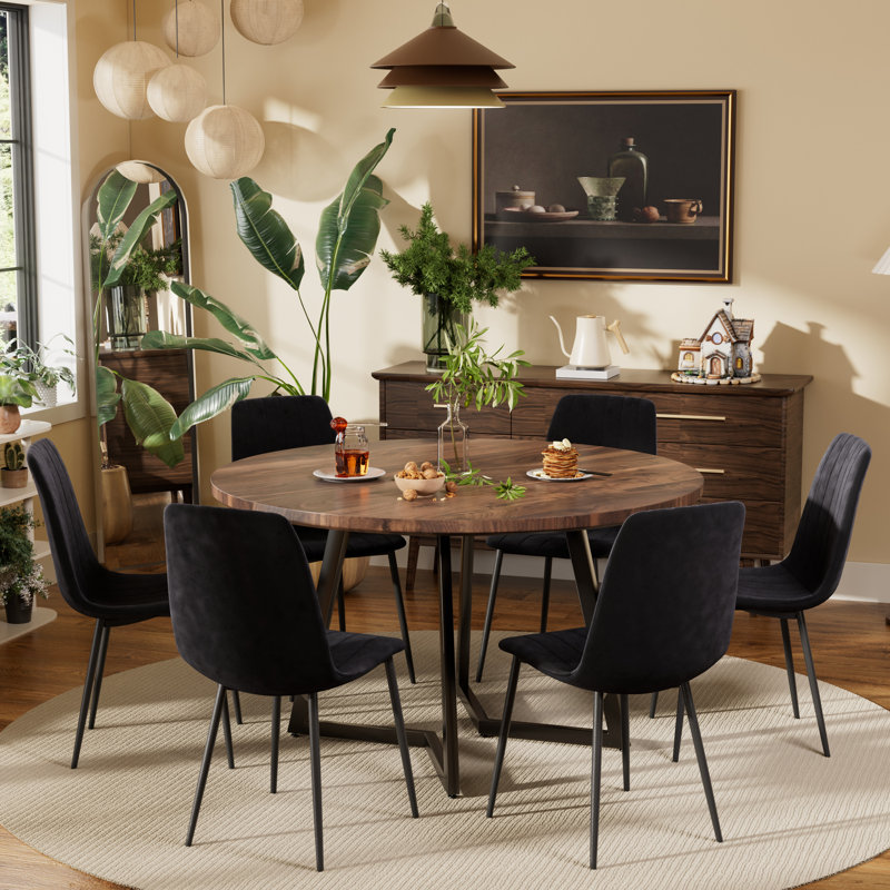 Round Dining Table Set with Velvet Upholstery Chairs, Black, 7, Walnut