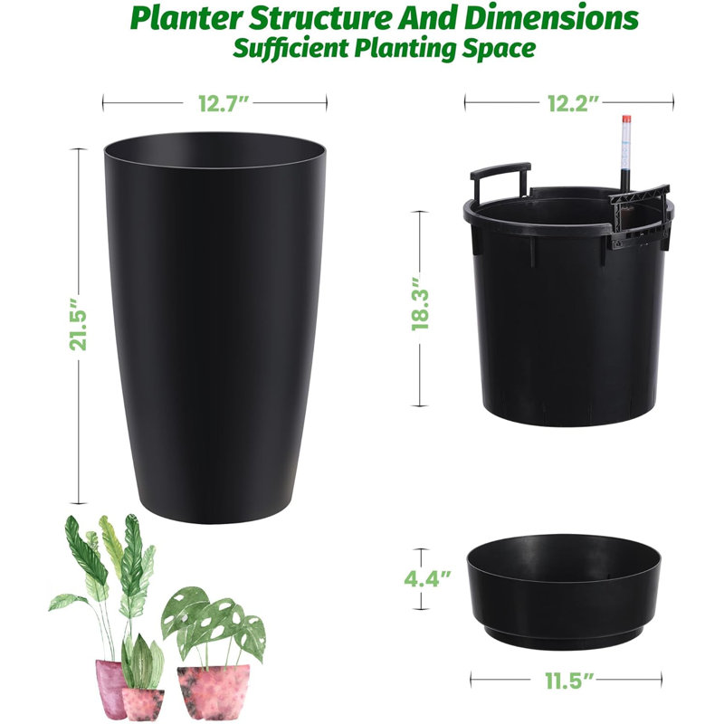 Set of 2 Tall Round Self-Watering Planters with Water Level Gauge, 21.7” Black Flower Pots for Large Indoor & Outdoor Plants