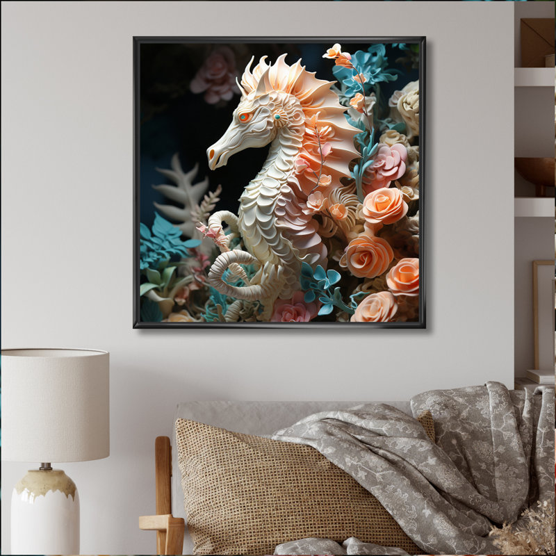 " Seahorse With Flowers Sanctuary ", Black Floater Framed, 36" H x 36" W x 1.5" D