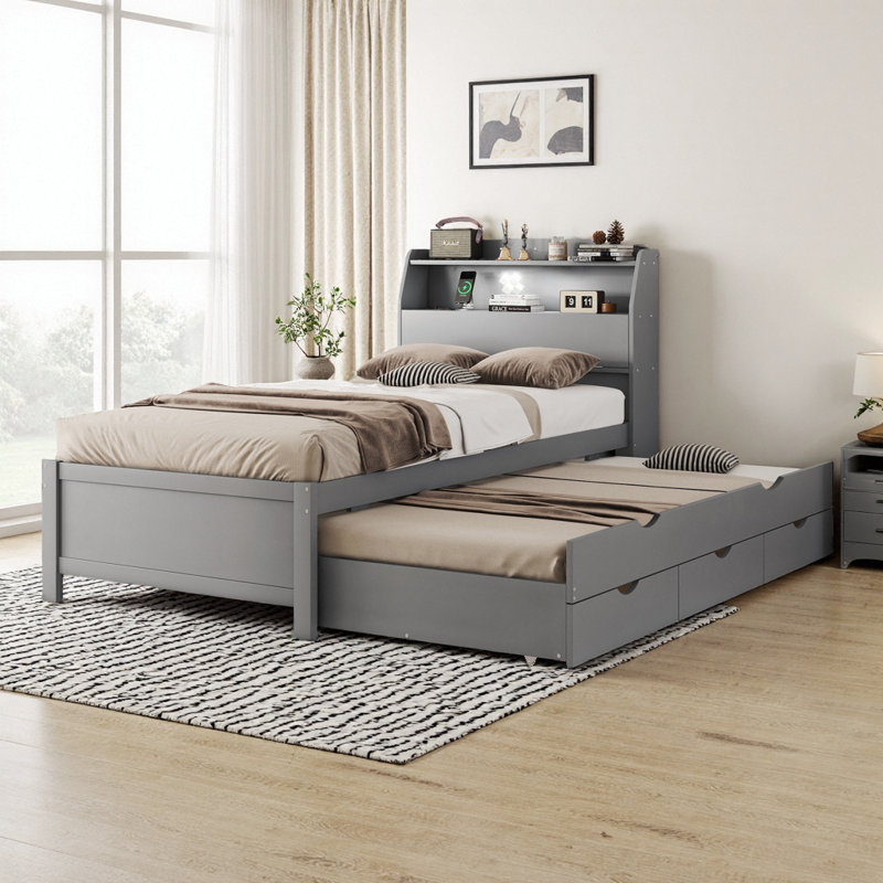 Lit plateforme gris avec lit gigogne et rangement avec lit gigogne, tiroirs sous le lit et tête de lit USB, Gris