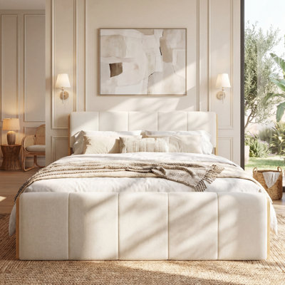 Mercer Modern Neoclassical Upholstered Platform Bed with Natural Wood Trim and Paneled Headboard for Bedroom