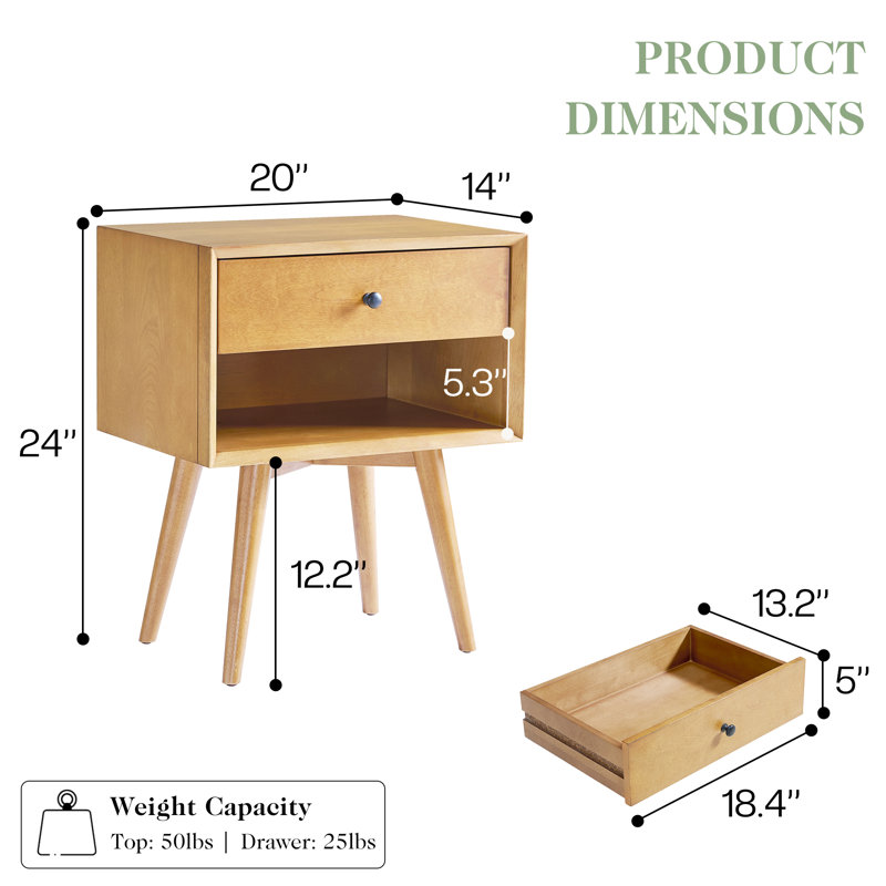 Mid-Century Modern Solid Wood Nightstand With Drawer, Natural, Natural