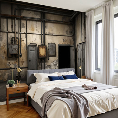 Peel and Stick Wallpaper Industrial Grunge Wall Exposed Pipes Electrical Boxes Weathered Rustic Wall Murals 100"H x 144"W Removable PVC Wall Paper Self-Adhesive Wall Decor for Bedroom Living Room Home Office