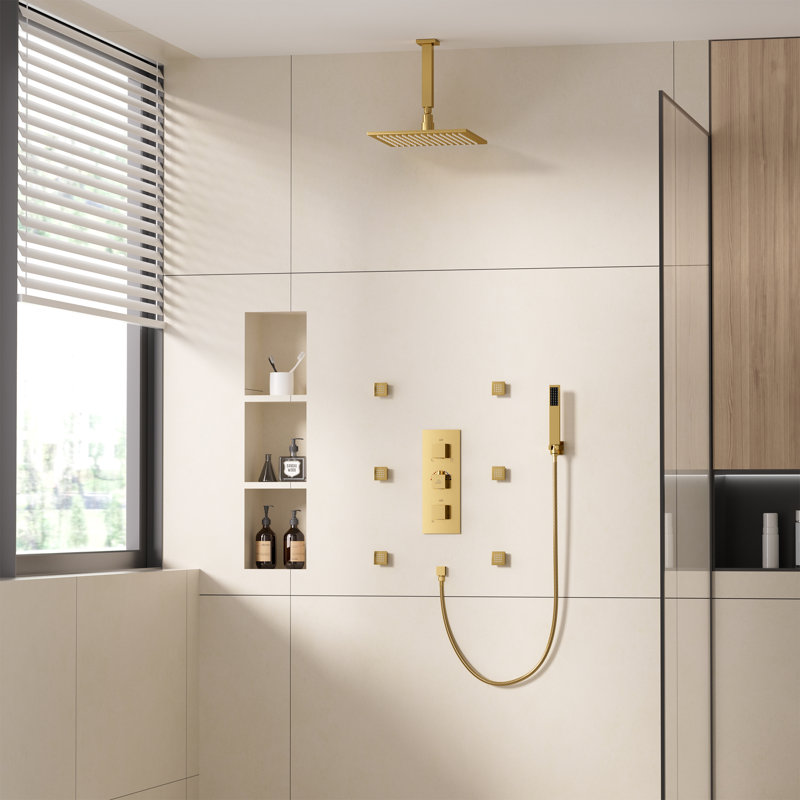 3-Function Luxury Ceiling Mount 12 Inch LED Thermostatic Shower System with 6 Body Jets, Brushed Gold