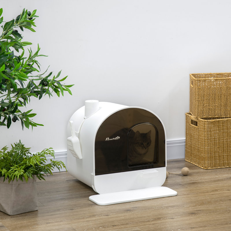 Litière couverte pour chat avec couvercle, plateau, pelle et filtre, blanc