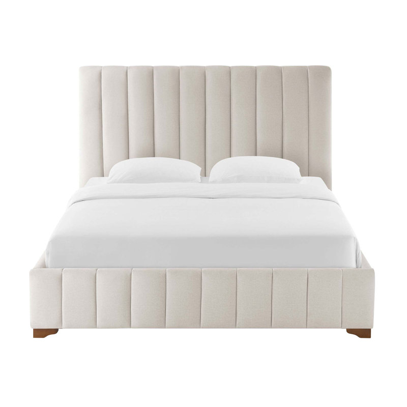 Modern Upholstered Platform Bed Frame With Headboard, White, Queen