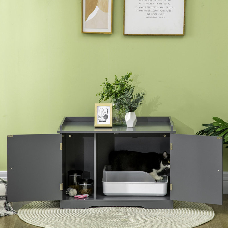 Grande boîte à litière pour chat avec couvercle gris, portes magnétiques et intérieur organisé pour portes de chats Tablettes fonctionnelles Fournitures pour animaux