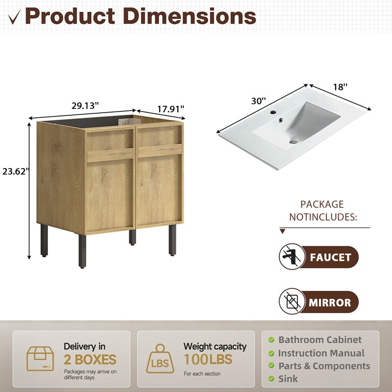 Armoire de salle de bain autoportante 30 po avec évier intégré en céramique