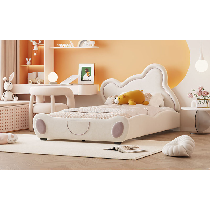 Lit plateforme en velours avec tête de lit en forme d'ours et poche de rangement à l'extrémité du lit, Beige, Simple