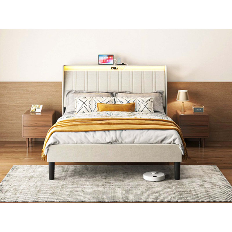 Structure de lit plateforme avec tête de lit tapissier en tissu et support en lattes de bois, Grand