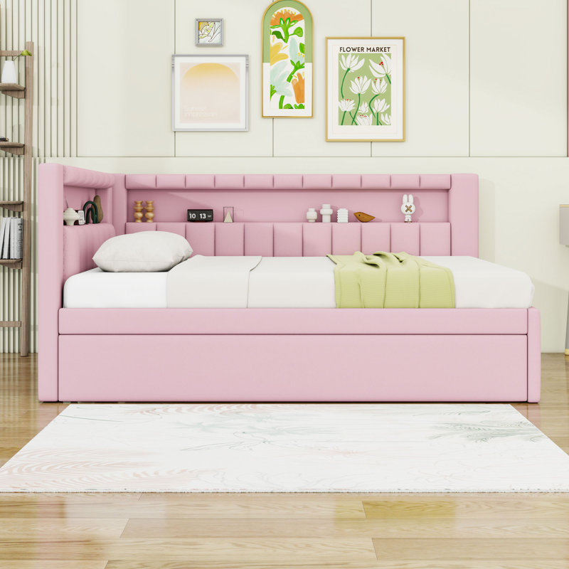 Full Size Linen Upholstered Daybed with LED Lighting, USB Charging Ports and Twin Trundle, Pink