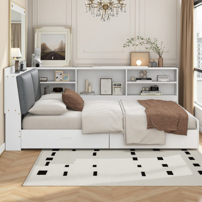 Multifunctional Storage Upholstered Platform Bed with Shelves and 2 Drawers