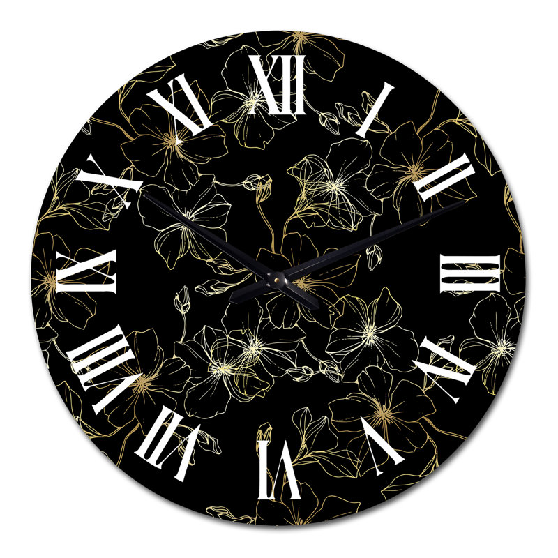 Horloge murale à motif de fleurs de lin sur fond noir, Moyen