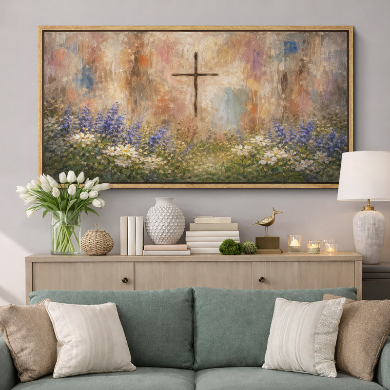 «Abstract Cross Over Wildflower Field Style Spiritual», impression sur toile encadrée, H 30 po x l 60 po x P 1,5 po, Natural