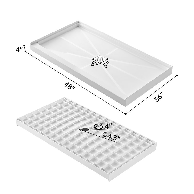 Base de douche à seuil simple 48 po x 36 po SMC, antidérapante, drain central