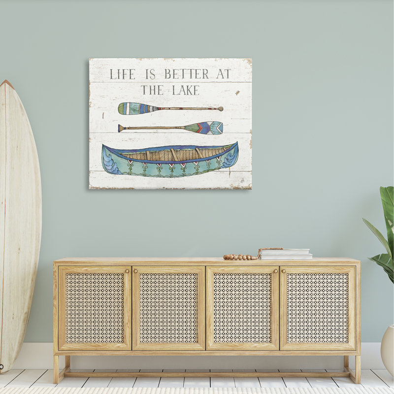 «Life Better At Lake Rustic Canoe Ores Grain» par Daphne Brissonnet - Art textuel sur, H 36 po x l 48 po x P 1,5 po