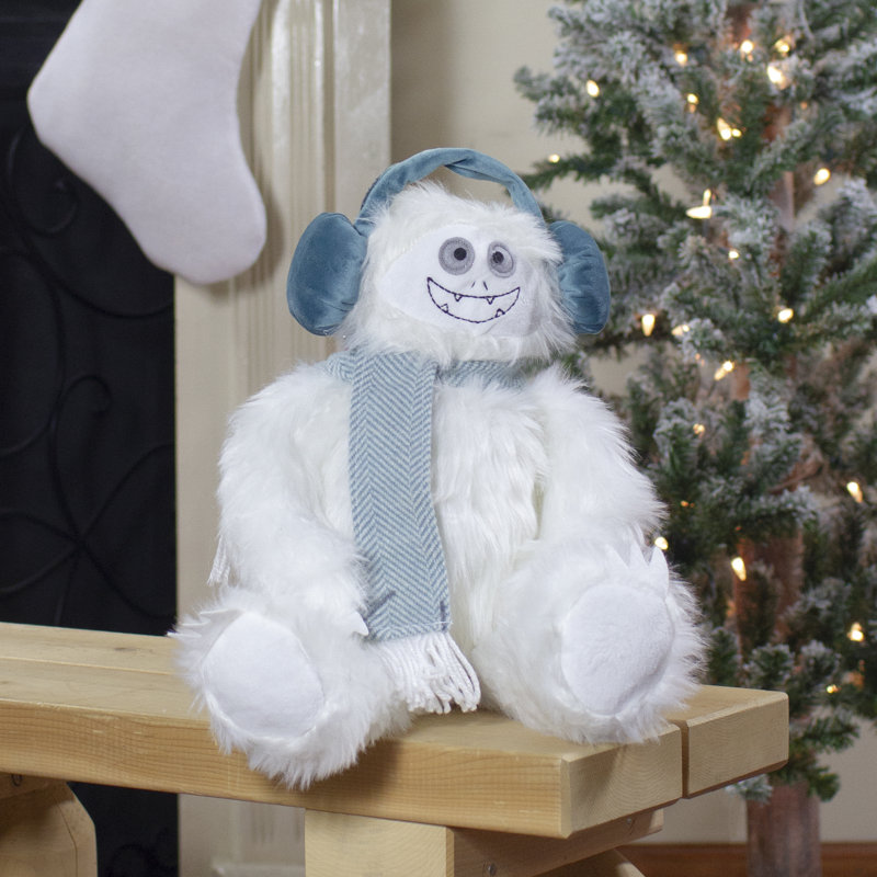 Figurine de Noël en peluche yéti assis avec oreillettes - blanc
