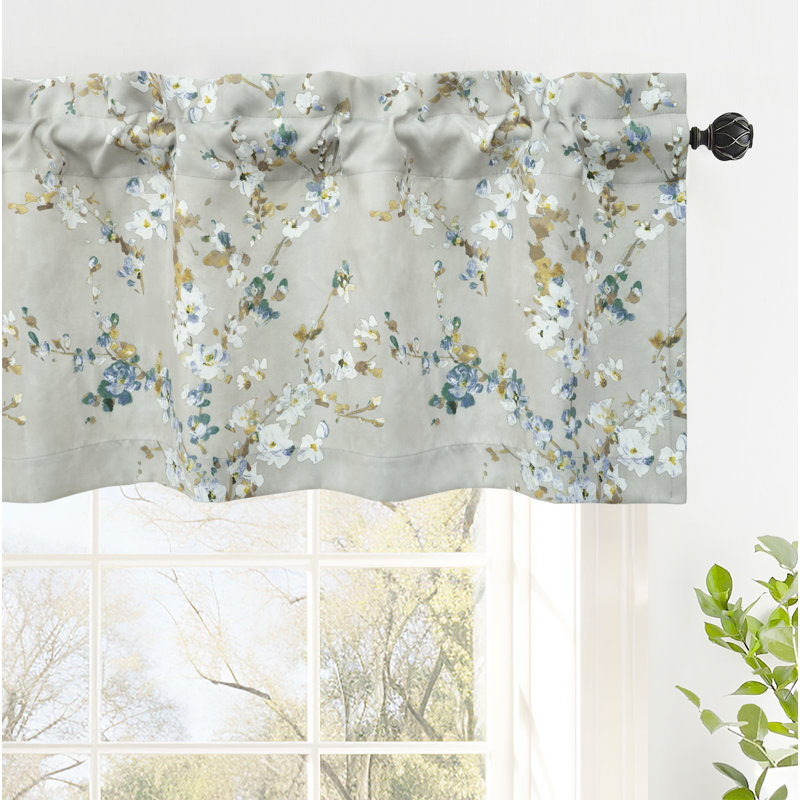 Mackenzie Blue and Gray Floral Polyester Rod Pocket Valance